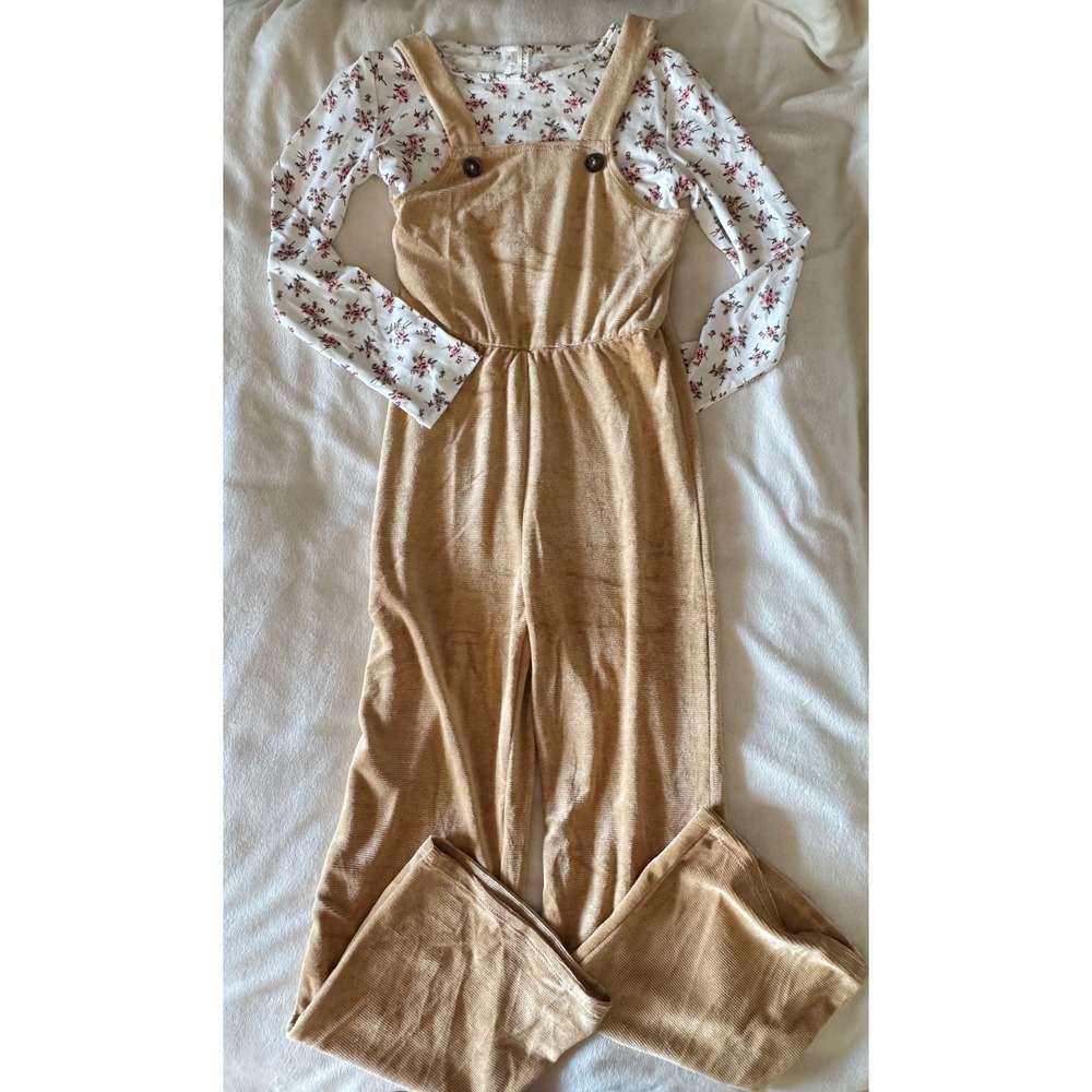 Heart and Arrow Girls Tan Corduroy Jumpsuit and Floral Top Set Size 8 NEW